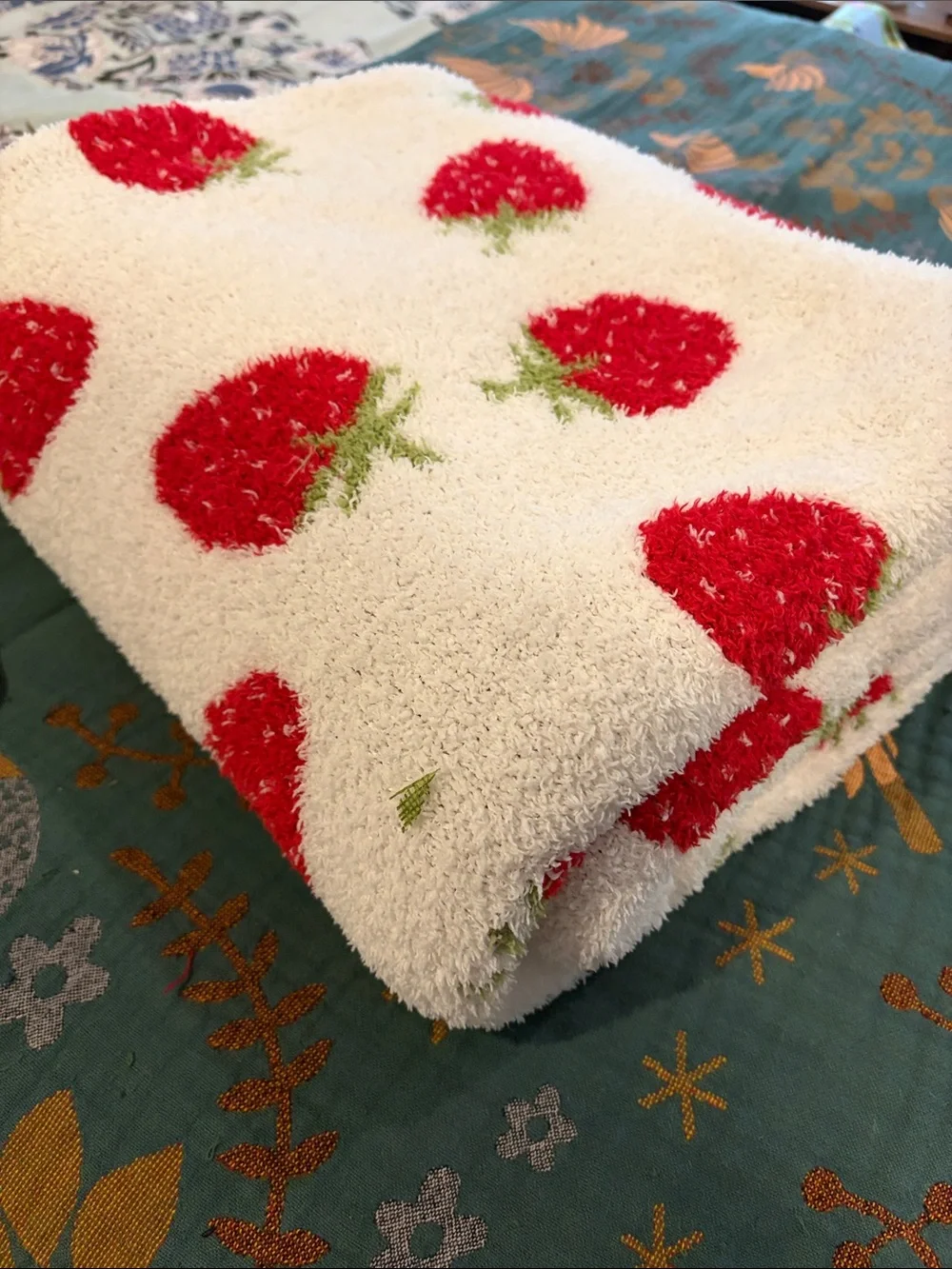 Strawberry Pattern Cozy Throw Blanket - White and Red